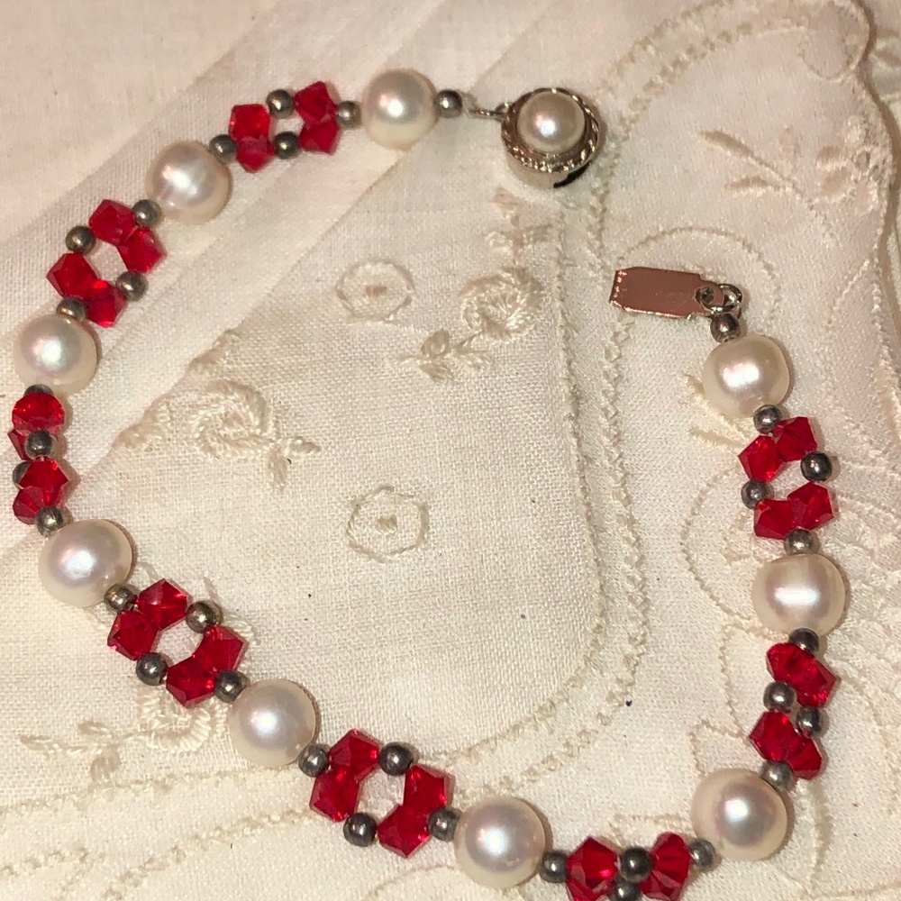Pearl Ruby Red Crystal Silver Beaded Bracelet Handmade Vintage MOD Wrap Tennis